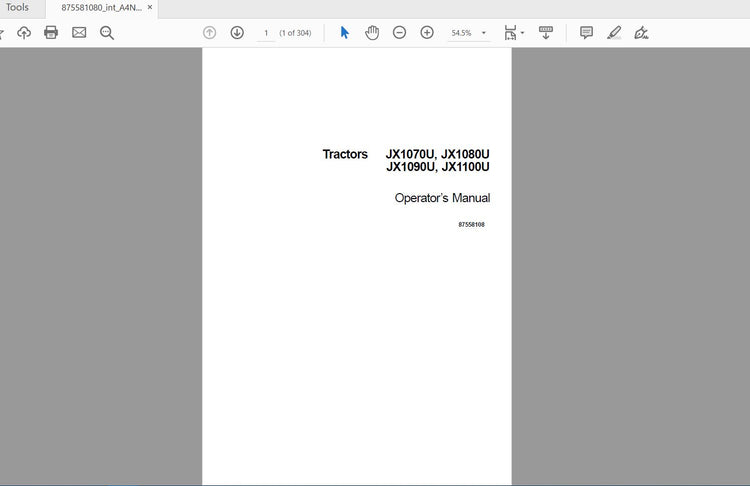 CASE IH TRACTOR JX1070U, JX1080U, JX1090U, JX1100U 87558108 OPERATOR’S MANUAL - PDF FILE