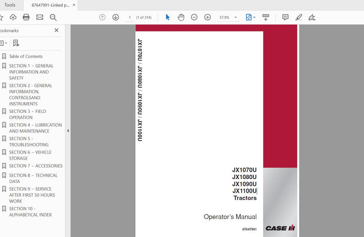 CASE IH TRACTOR JX1070U,JX1080U,JX1090U,JX1100U 87647991 OPERATOR’S MANUAL - PDF FILE