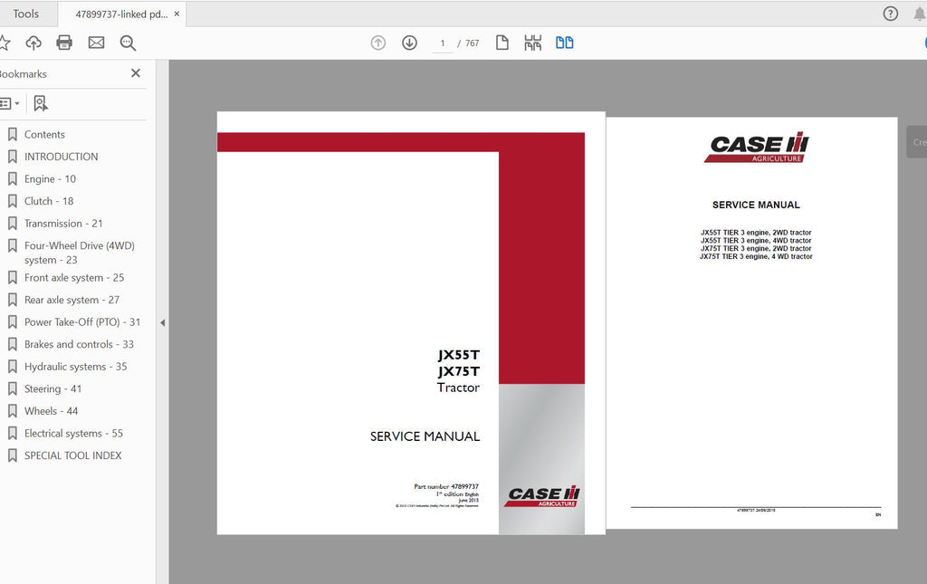 CASE IH TRACTOR JX55T, JX75T SERVICE MANUAL 47899737 - PDF FILE