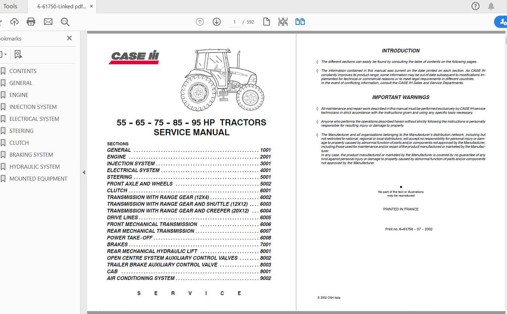 CASE IH TRACTOR JX55, JX65, JX75, JX85, JX95 SERVICE MANUAL 6-61750 - PDF FILE