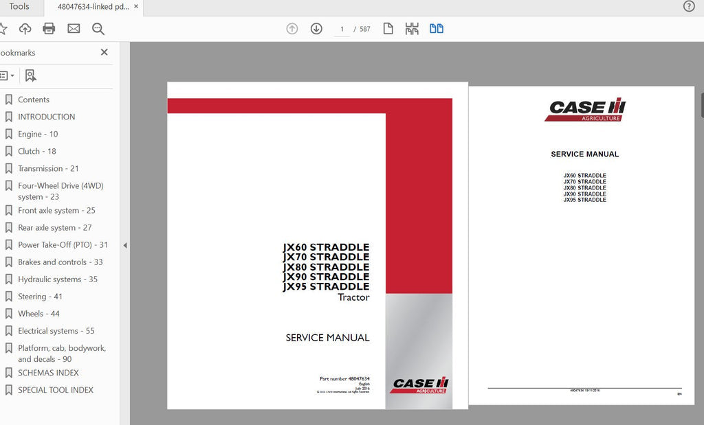 CASE IH TRACTOR JX60 STRADDLE, JX70 STRADDLE, JX80 STRADDLE, JX90 STRADDLE, JX95 STRADDLE SERVICE MANUAL 48047634 - PDF FILE