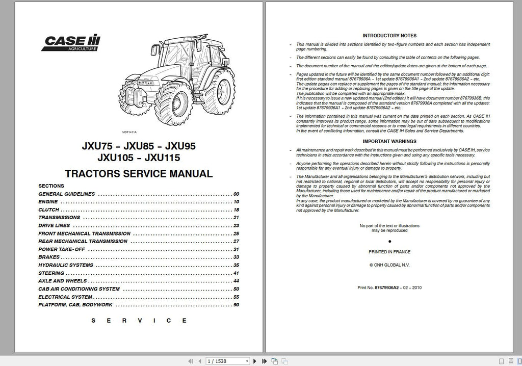 CASE IH TRACTOR JXU75, JXU85, JXU95, JXU105, JXU115 SERVICE MANUAL 87679936C - PDF FILE
