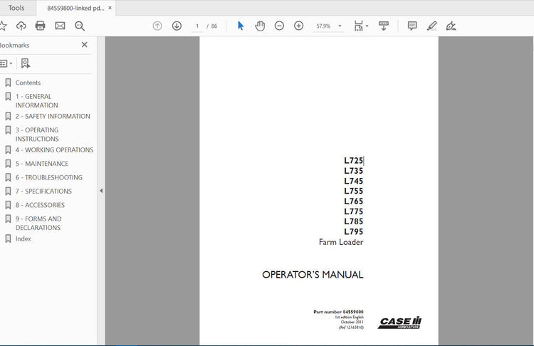 CASE IH TRACTOR L725, 735, 745, 755, 765, 775, 785, 795 FARM LOADER 84559800 OPERATOR’S MANUAL - PDF FILE