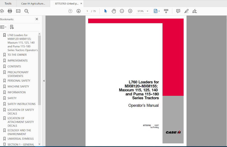 CASE IH TRACTOR L760 LOADERS FOR MXM, MAGNUM,PUMA TRACTORS 87753763 OPERATOR’S MANUAL - PDF FILE