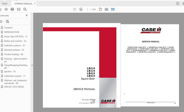 CASE IH TRACTOR LB324, LB334, LB424, LB434 SQUARE BALER SERVICE MANUAL 47969454 - PDF FILE