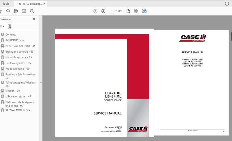 CASE IH TRACTOR LB424 XL, LB434 XL SQUARE BALER SERVICE MANUAL 48123752 - PDF FILE