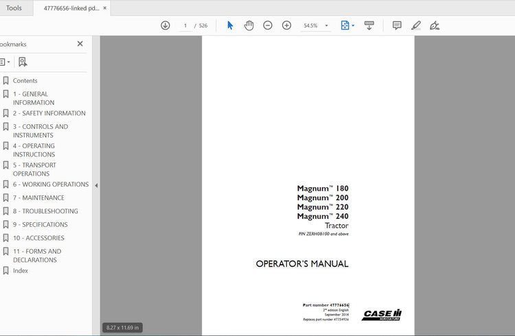 CASE IH TRACTOR MAGNUM 180,200,220,240 47776656 OPERATOR’S MANUAL - PDF FILE