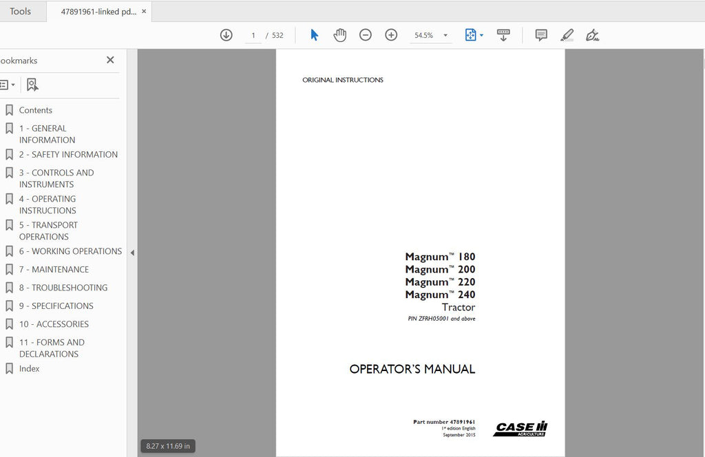 CASE IH TRACTOR MAGNUM 180,200,220,240 47891961 OPERATOR’S MANUAL - PDF FILE