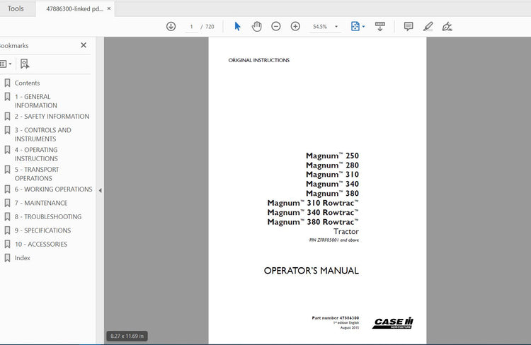 CASE IH TRACTOR MAGNUM 250,280,310,340,380 MAGNUM 310,340,380 ROWTRAC 47886300 OPERATOR’S MANUAL - PDF FILE