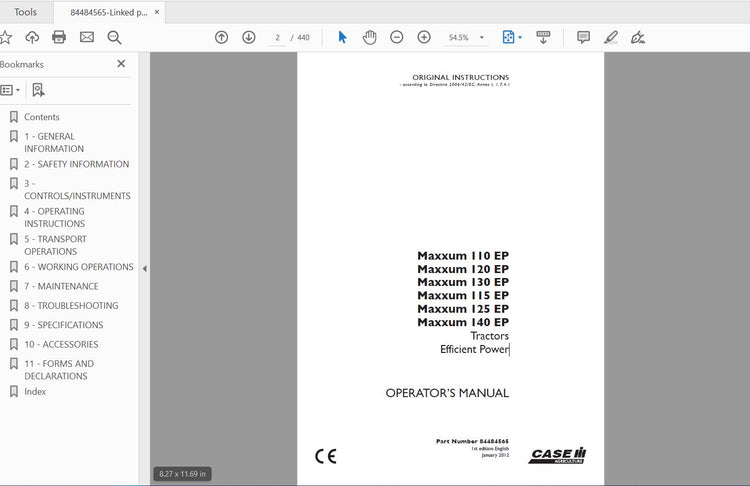 CASE IH TRACTOR MAXXUM 110,120,130,115,125,140 EP EFFICIENT POWER 84484565 OPERATOR’S MANUAL - PDF FILE