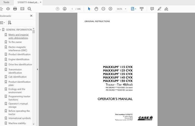 CASE IH TRACTOR MAXXUM 115,125,135,145,150 CVX TIER 4B 51550771 OPERATOR’S MANUAL - PDF FILE