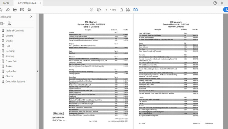 CASE IH TRACTOR MX180, MX200, MX220, MX240, MX270 MAGNUM SERVICE MANUAL 7-85709R0 - PDF FILE