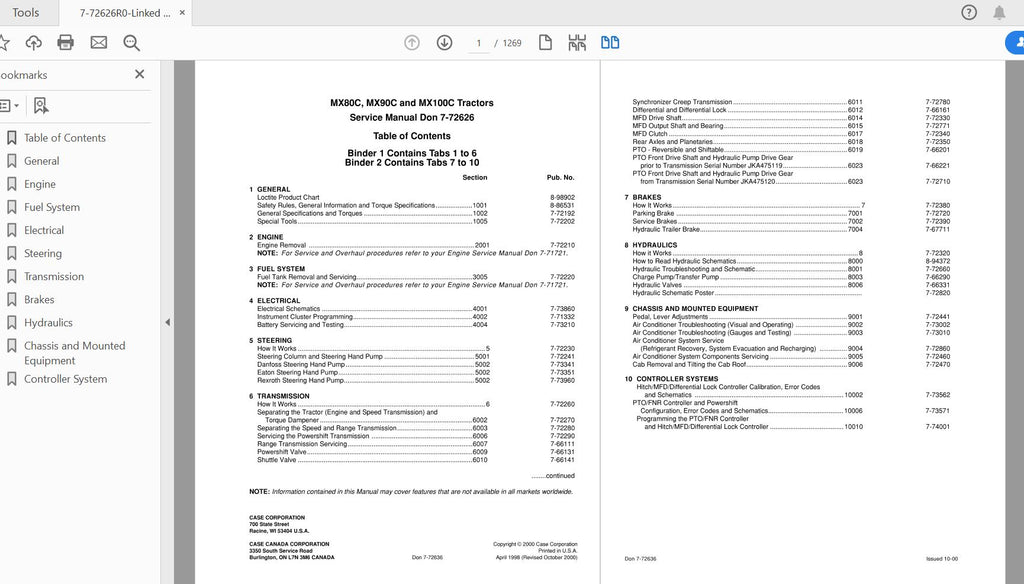 CASE IH TRACTOR MX80C, MX90C, MX100C SERVICE MANUAL 7-72626R0 - PDF FILE