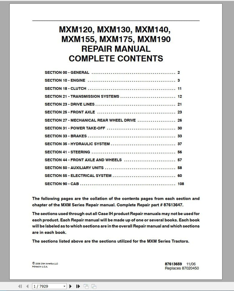 CASE IH TRACTOR MXM120 MXM130, MXM140, MXM155, MXM175, MXM190 REPAIR MANUAL 87613647 - PDF FILE