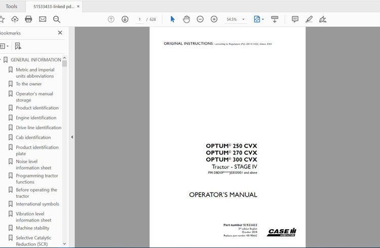 CASE IH TRACTOR OPTUM 250,270,300 CVX STAGE IV 51533433 OPERATOR’S MANUAL - PDF FILE