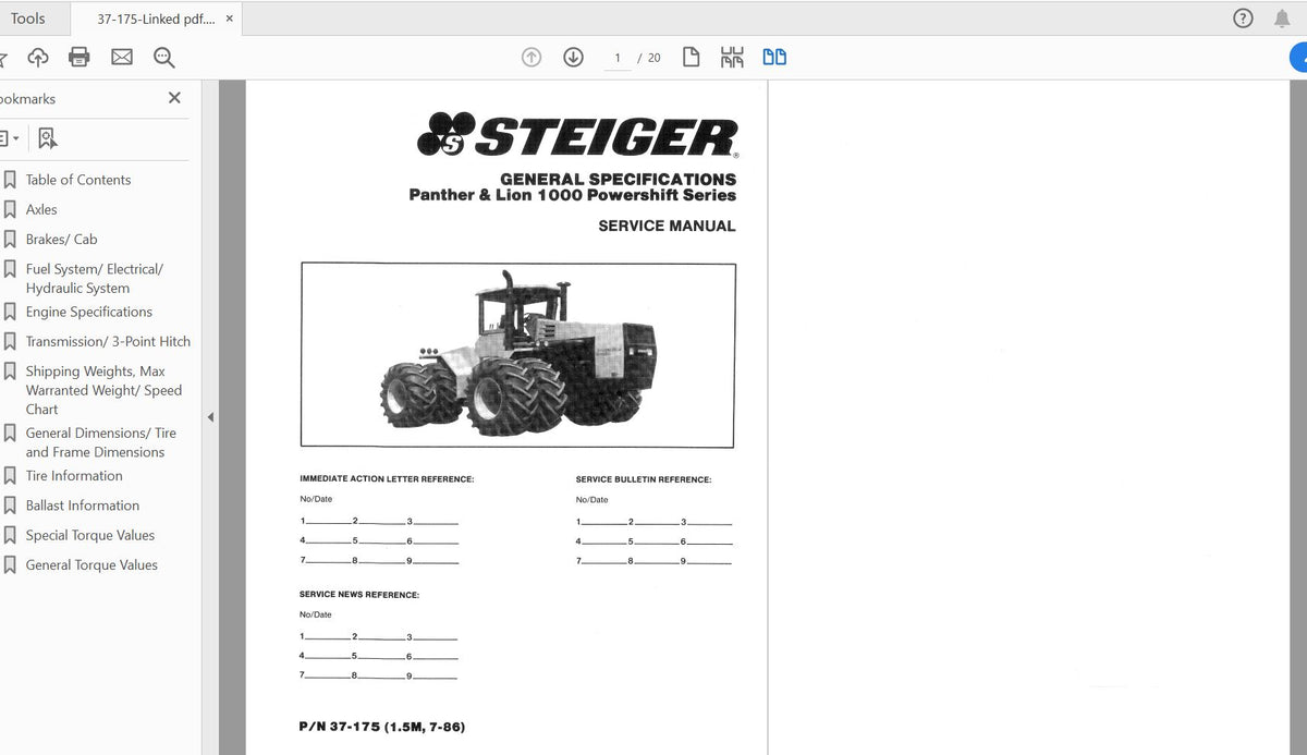 CASE IH TRACTOR PANTHER & LION 1000 POWERSHIFT SERIES – STEIGER SERVICE MANUAL 37-175 - PDF FILE