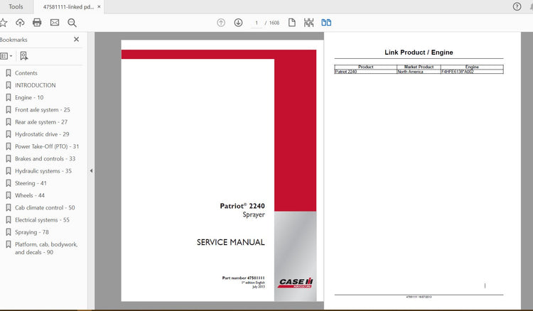 CASE IH TRACTOR PATRIOT 2240 SPRAYER – COMPLETE SERVICE MANUAL 47581111 - PDF FILE