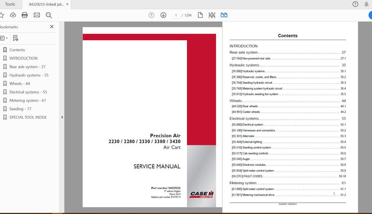 CASE IH TRACTOR PRECISION AIR 2230, 2280, 2330, 3380, 3430 AIR CART – COMPLETE SERVICE MANUAL 84329233 - PDF FILE