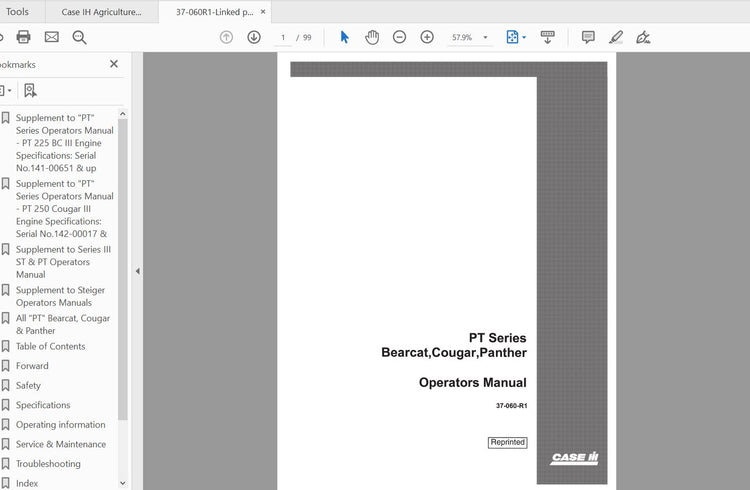CASE IH TRACTOR PT SERIES BEARCAT III COUGAR PANTH 37-060-R1 OPERATOR’S MANUAL - PDF FILE