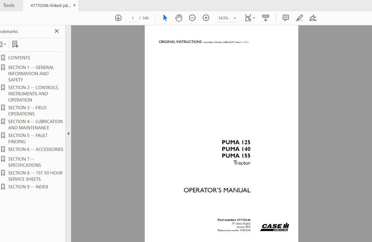 CASE IH TRACTOR PUMA 125,140,155 47770346 OPERATOR’S MANUAL - PDF FILE