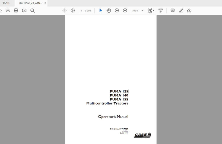 CASE IH TRACTOR PUMA 125,140,155 87717969 OPERATOR’S MANUAL - PDF FILE