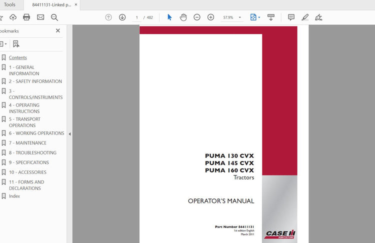 CASE IH TRACTOR PUMA 130,145,160 CVX 84411131 OPERATOR’S MANUAL - PDF FILE