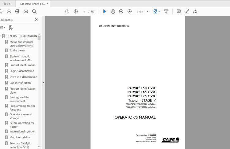 CASE IH TRACTOR PUMA 150,165,175 CVX STAGE IV 51544005 OPERATOR’S MANUAL - PDF FILE