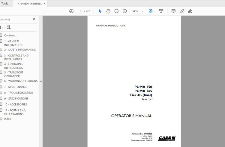 CASE IH TRACTOR PUMA 150,165 TIER 4B 47948806 OPERATOR’S MANUAL - PDF FILE