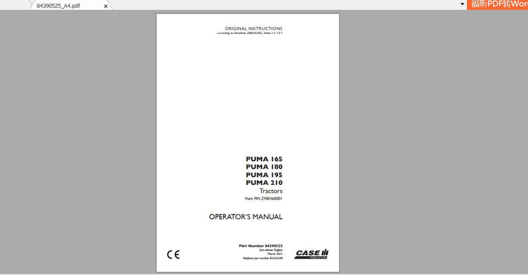 CASE IH TRACTOR PUMA 165, 180, 195, 210, 84390525 OPERATOR’S MANUAL - PDF FILE