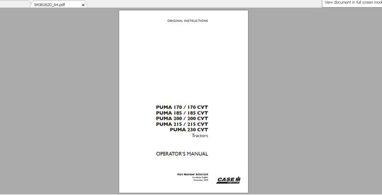 CASE IH TRACTOR PUMA 170, 170CVT 185,185CVT 200, 215 CVT 230CVT 84361620 OPERATOR’S MANUAL - PDF FILE