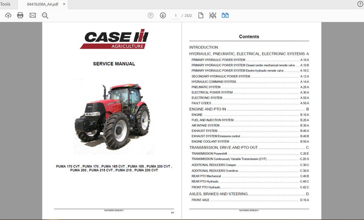 CASE IH Puma 170, 185, 200, 215, 230 CVT Tractor Service Manual 84476208A PDF