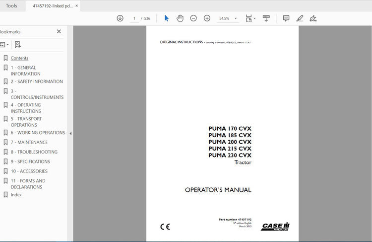 CASE IH TRACTOR PUMA 170 CVX, 185 CVX,200 CVX,215 CVX,230 CVX 47457192 OPERATOR’S MANUAL - PDF FILE