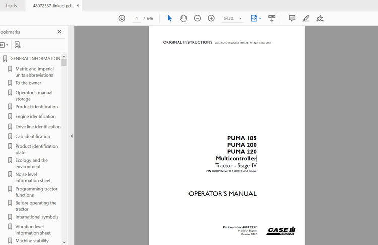 CASE IH TRACTOR PUMA 185,200,220 MULTICONTROLLER STAGE IV 48072337 OPERATOR’S MANUAL - PDF FILE