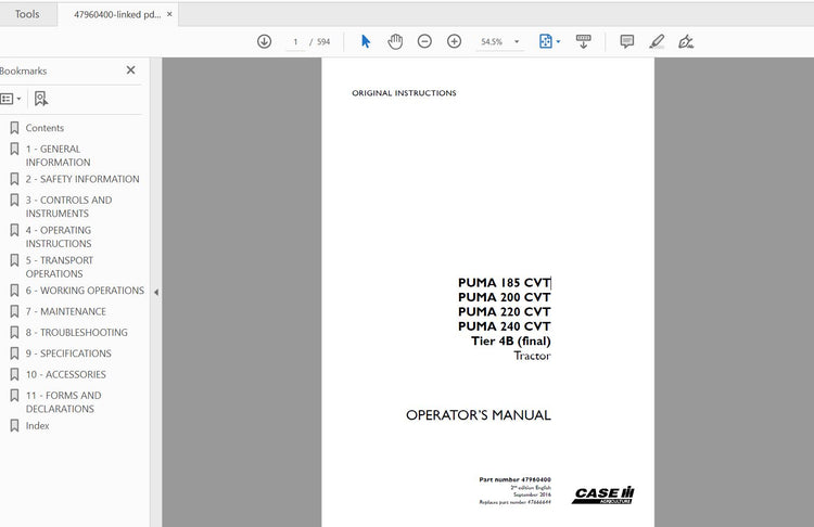CASE IH TRACTOR PUMA 185 CVT,200 CVT,220 CVT,240 CVT TIER 4B 47960400 OPERATOR’S MANUAL - PDF FILE