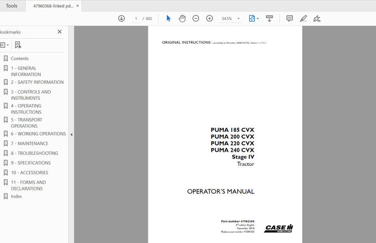 CASE IH TRACTOR PUMA 185 CVX,200 CVX,220 CVX,240 CVX STAGE IV 47960368 OPERATOR’S MANUAL - PDF FILE