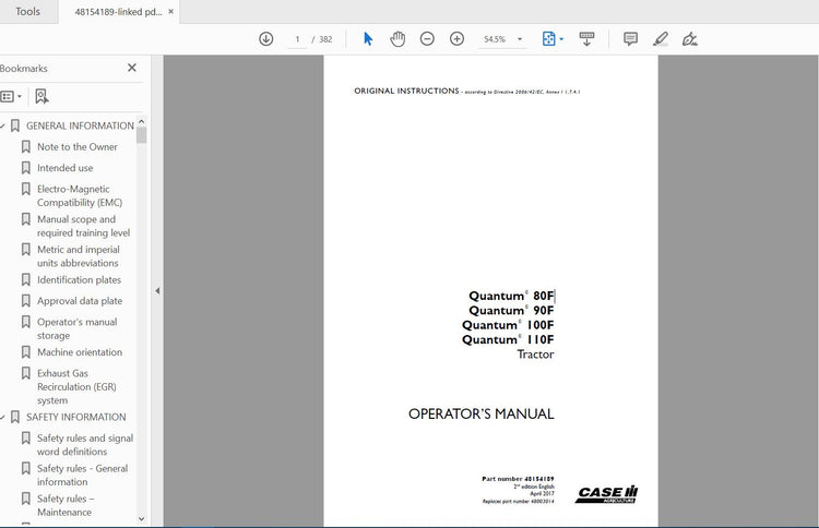 CASE IH TRACTOR QUANTUM 80F,90F,100F,110F 48154189 OPERATOR’S MANUAL - PDF FILE