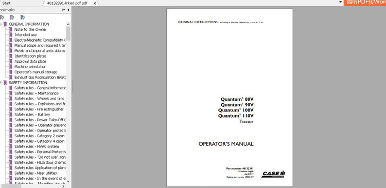 CASE IH TRACTOR QUANTUM 80V, 90V, 100V, 110V 48132391 OPERATOR’S MANUAL - PDF FILE