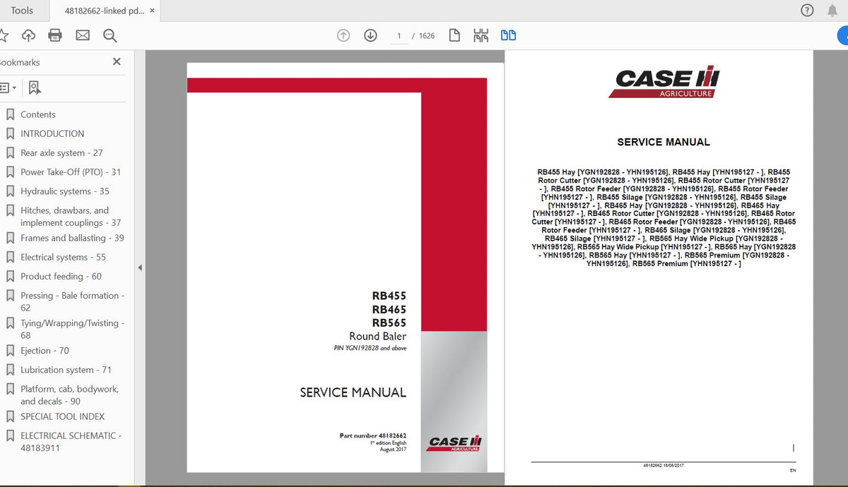 CASE IH TRACTOR RB455, RB465, RB565 ROUND BALER SERVICE MANUAL 48182662 - PDF FILE
