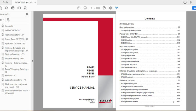 CASE IH TRACTOR RB455, RB465, RB565 ROUND BALER SERVICE MANUAL 84546102 - PDF FILE