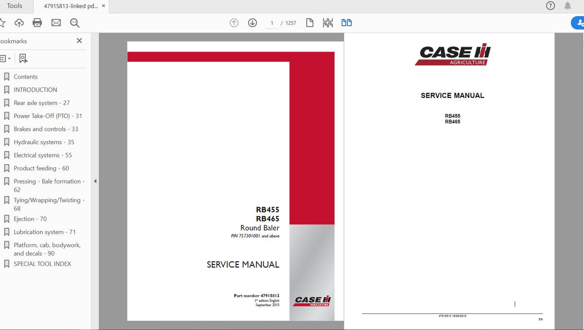 CASE IH TRACTOR RB455, RB465 ROUND BALER SERVICE MANUAL 47915813 - PDF FILE