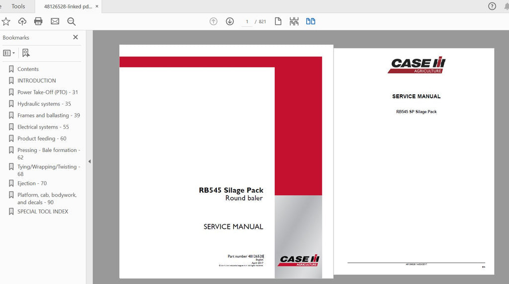 CASE IH TRACTOR RB545 SILAGE PACK ROUND BALER SERVICE MANUAL 48126528 - PDF FILE