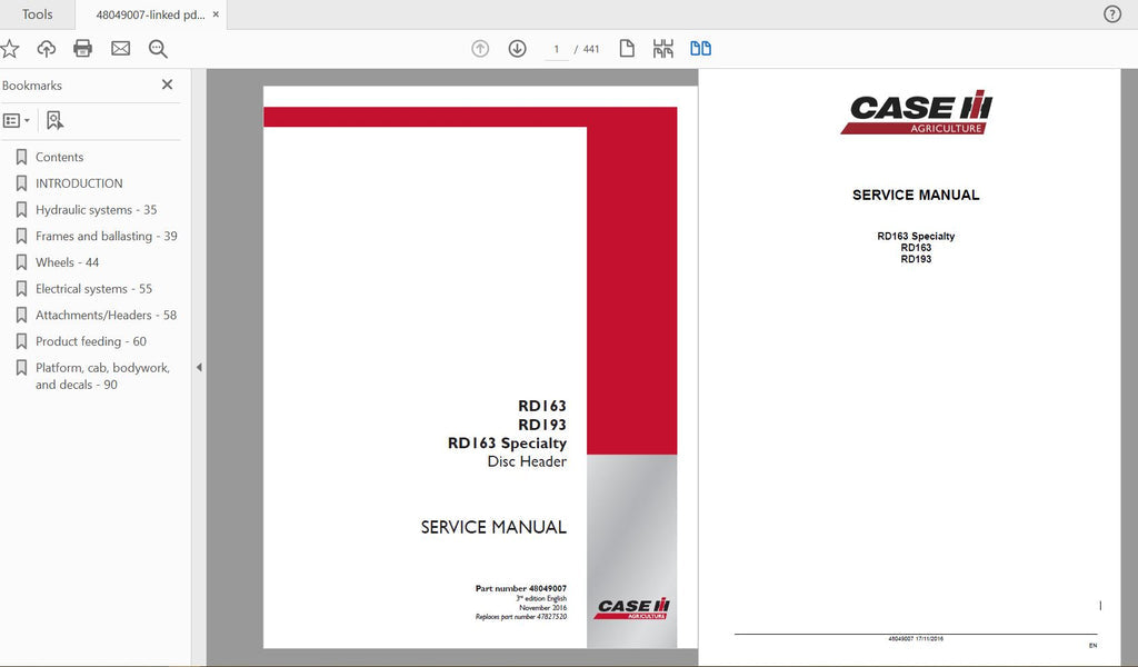 CASE IH TRACTOR RD163, RD193, RD163 SPECIALTY DISC HEADER SERVICE MANUAL 48049007 - PDF FILE