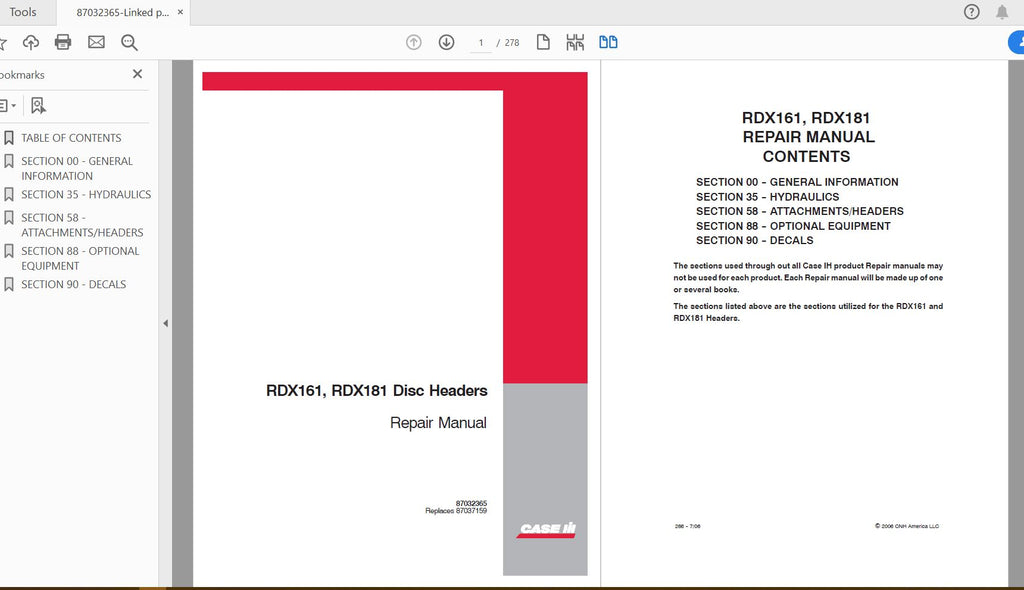 CASE IH TRACTOR RDX161, RDX181 DISC HEADER SERVICE MANUAL 87032365 - PDF FILE