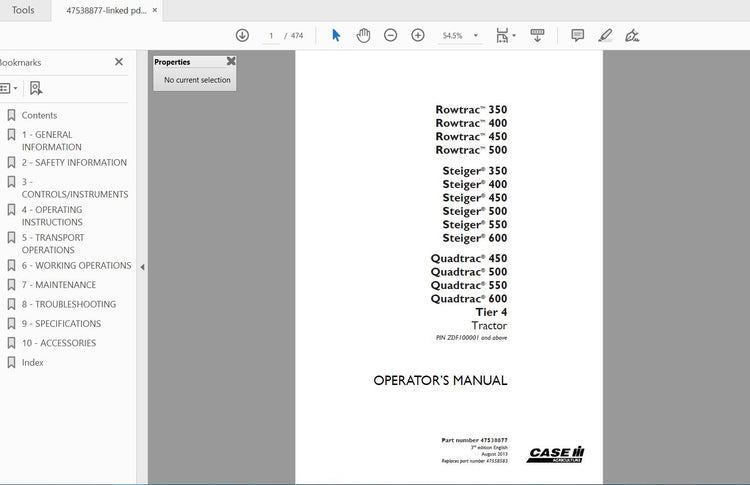 CASE IH TRACTOR ROWTRAC 350-500 STEIGER 350-600 QUADTRAC 450-600 TIER 4 47538877 OPERATOR’S MANUAL - PDF FILE