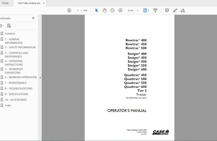 CASE IH TRACTOR ROWTRAC 400,450,500 STEIGER 400,450,500,550,600 QUADTRAC 450,500,550,600 TIER 2 47671462 OPERATOR’S MANUAL - PDF FILE