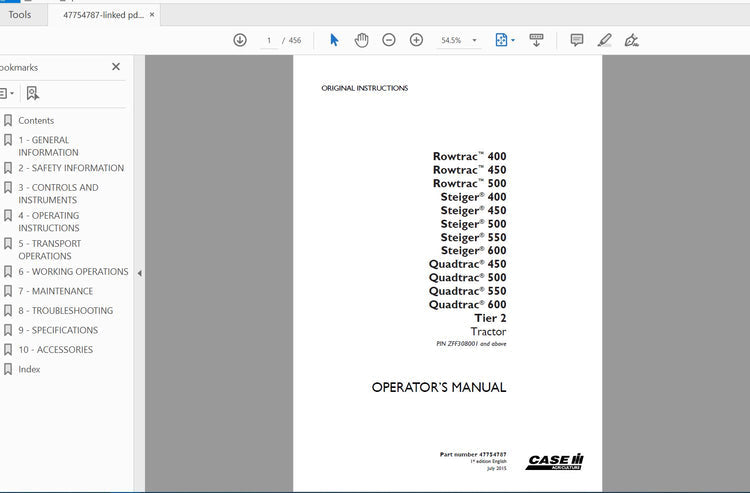 CASE IH TRACTOR ROWTRAC 400,450,500 STEIGER 400,450,500,550,600 QUADTRAC 450,500,550,600 TIER 2 47754787 OPERATOR’S MANUAL - PDF FILE