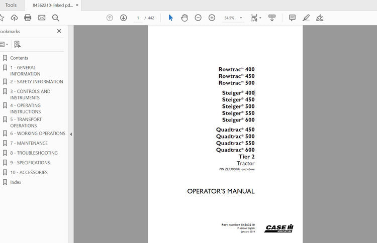 CASE IH TRACTOR ROWTRAC QUADTRAC STEIGER 400,450,500,550,600 TIER 2 84562210 OPERATOR’S MANUAL - PDF FILE