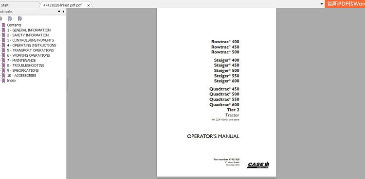 CASE IH TRACTOR ROWTRAC STEIGER QUADTRAC 400, 450, 500, 550, 600 TIER 2 47421828 OPERATOR’S MANUAL - PDF FILE