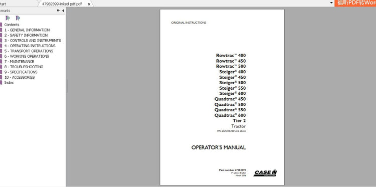 CASE IH TRACTOR ROWTRAC STEIGER QUADTRAC 400 450 500 550 600 TIER 2 47982399 OPERATOR’S MANUAL - PDF FILE