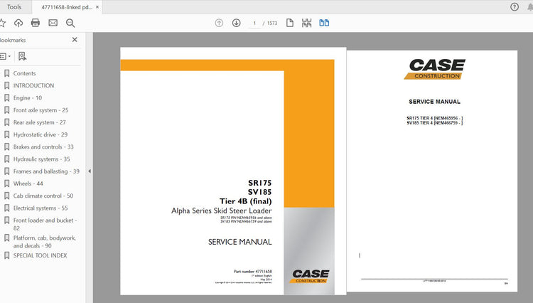 CASE IH TRACTOR SR175, SV185 TIER 4B FINAL ALPHA SERIES SKID STEER LOADER SERVICE MANUAL 47711658 - PDF FILE